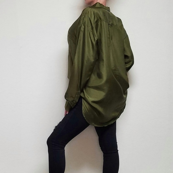 Vintage 90s IOU Silk Olive Oversized Button Up Hi-low Tunic Blouse Mini Dress M - Picture 3 of 13